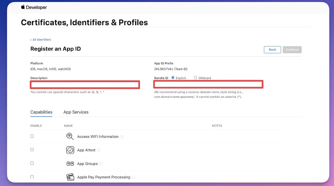 Enter Bundle ID Information